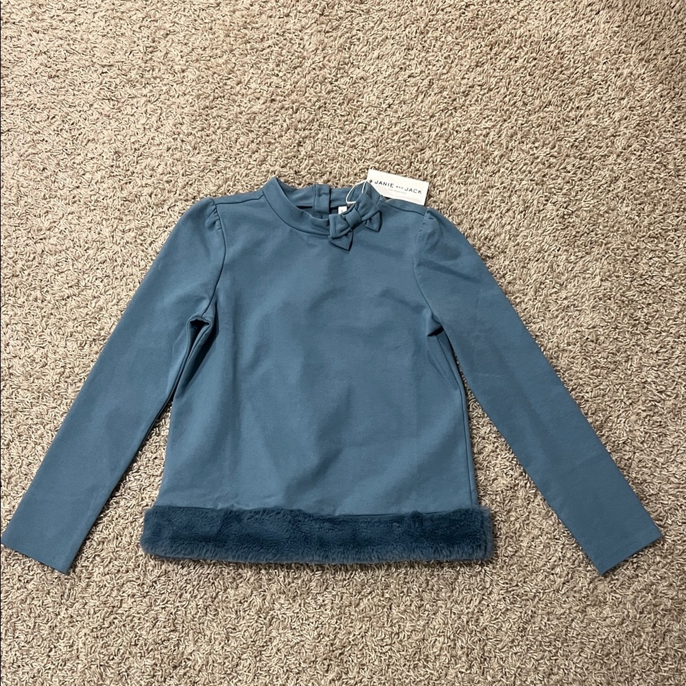 NWT Janie and Jack Blue Top with Bow and Fur Detail